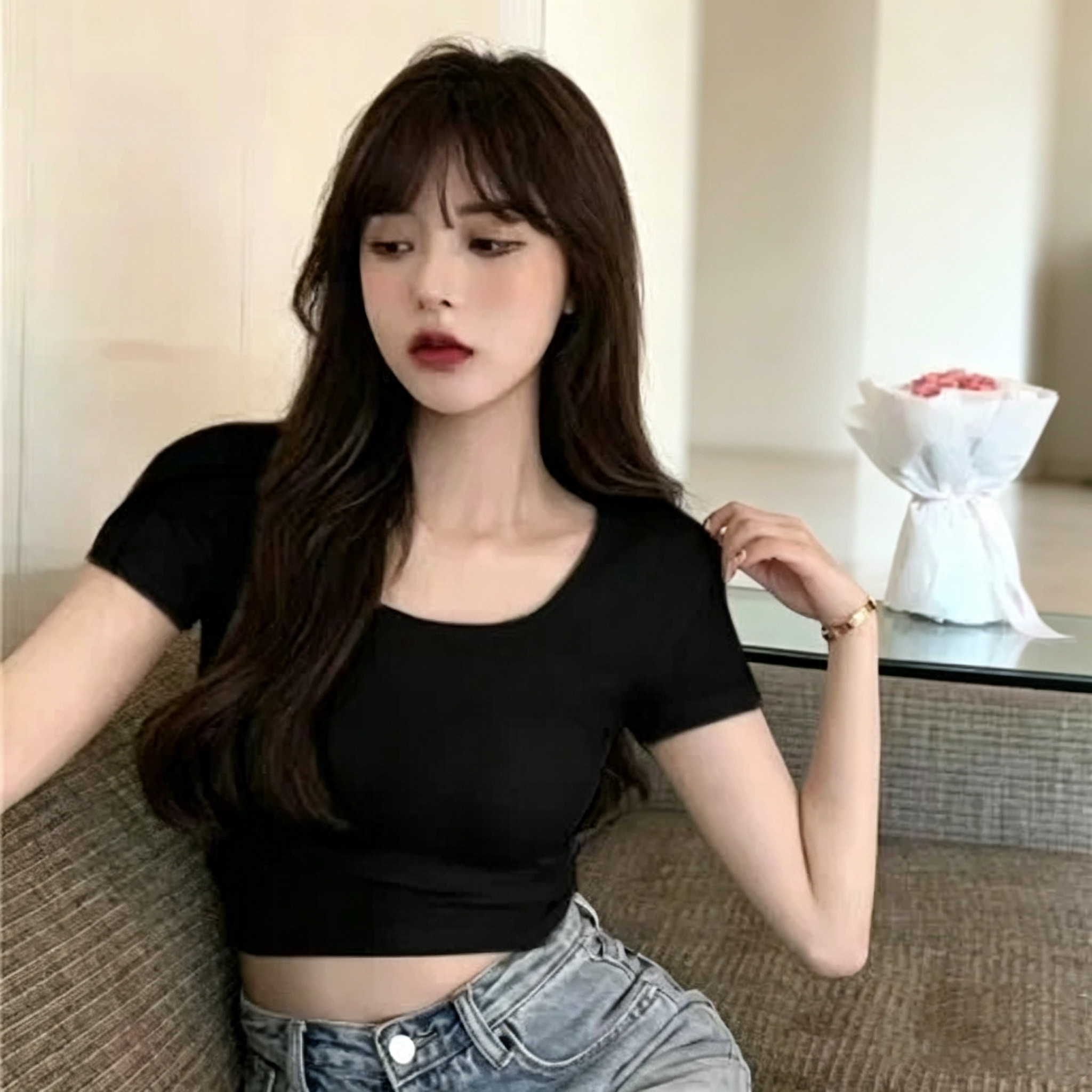 夏季纯欲露脐修身短袖T恤女