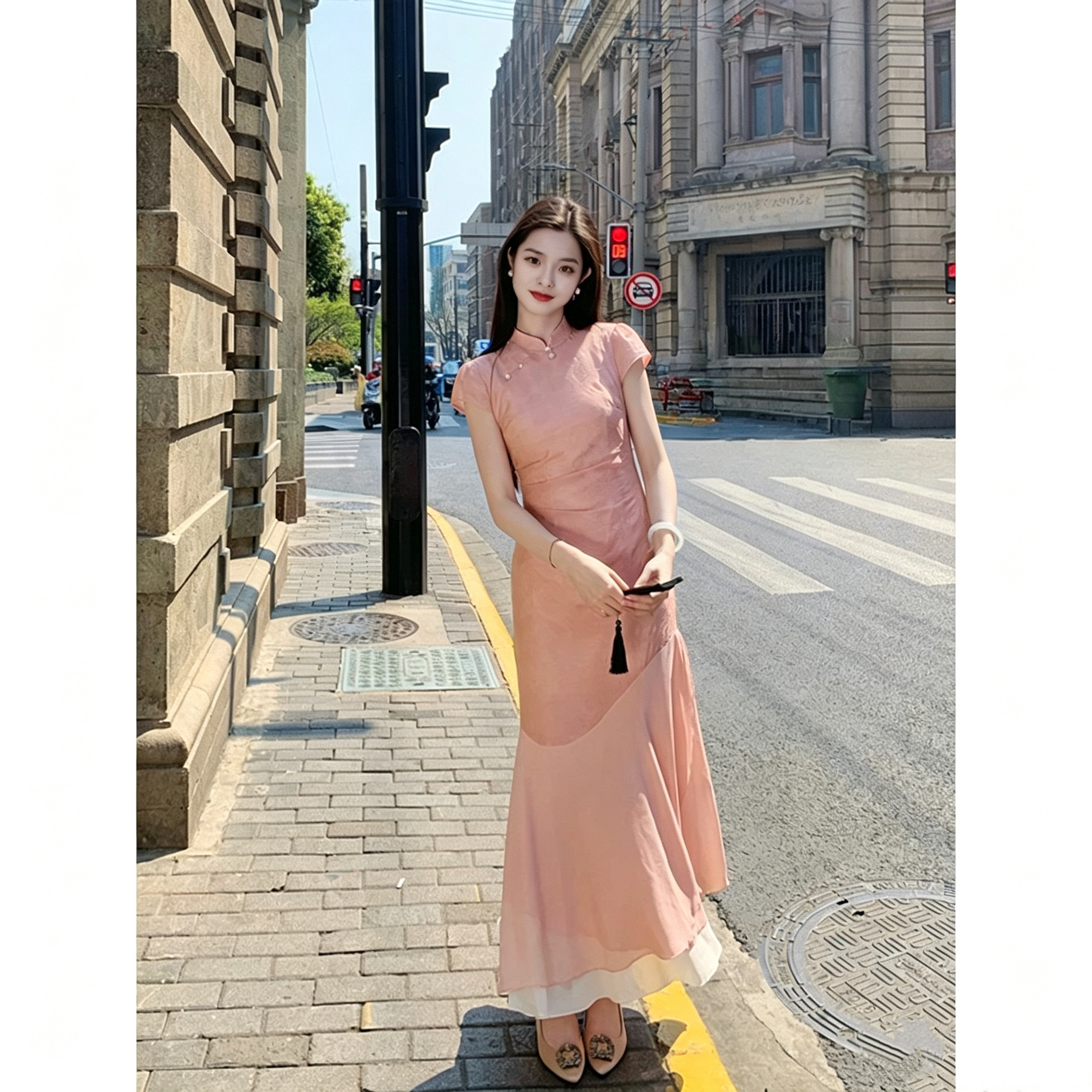 【稚菊】新中式国风复古改良款立领旗袍女春夏高档修身粉色连衣裙