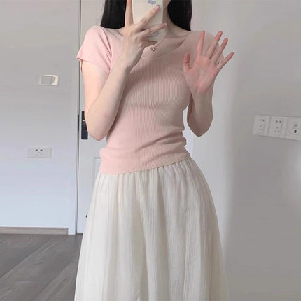 5716#法式欲v领冰丝针织正肩短袖T恤女夏季薄款修身显瘦上衣