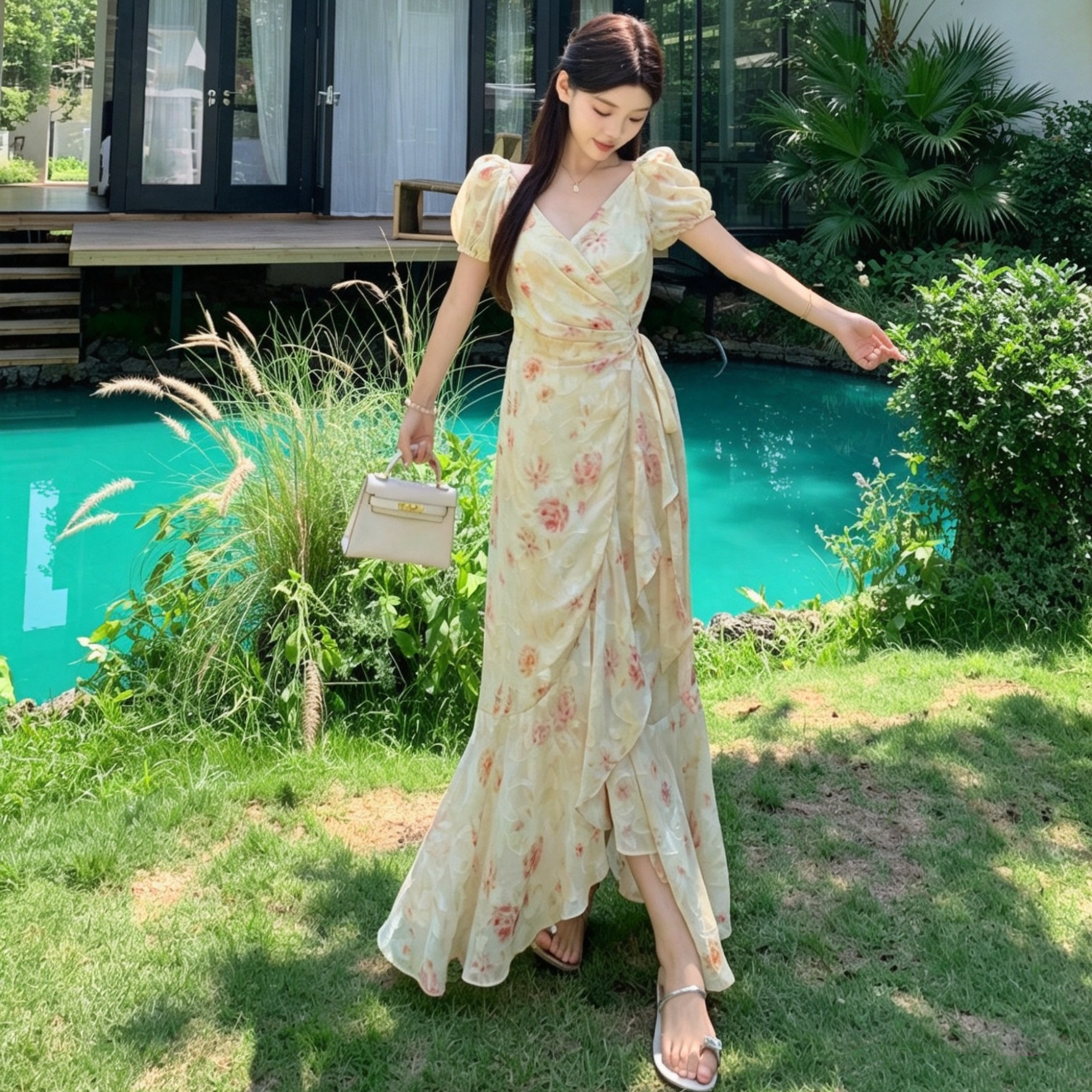 夏季法式轻奢大码一片式绑带印花