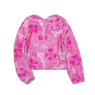 外单女童春秋款满印卡通芭比公主羊羔毛绒连帽拉链毛毛外套帽衫