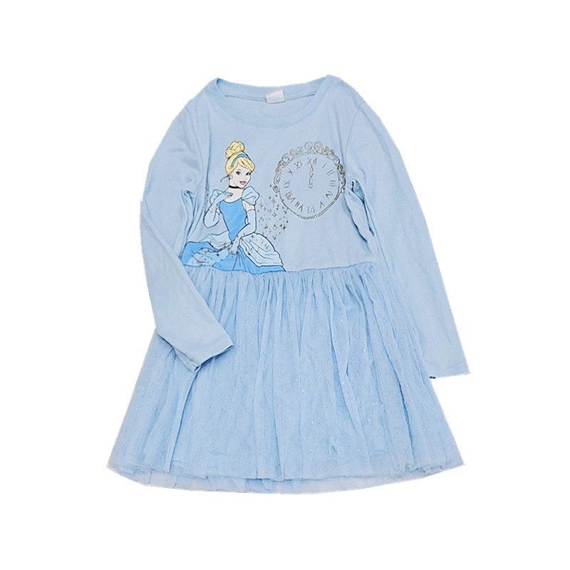 3-10岁外单女童童装春夏新款卡通灰姑娘蓝色公主裙长袖洋气连衣裙