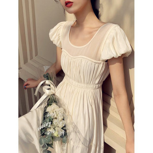 风琴褶显瘦小香风大摆长裙 气质可爱飞袖 白色连衣裙女2023新款 时尚