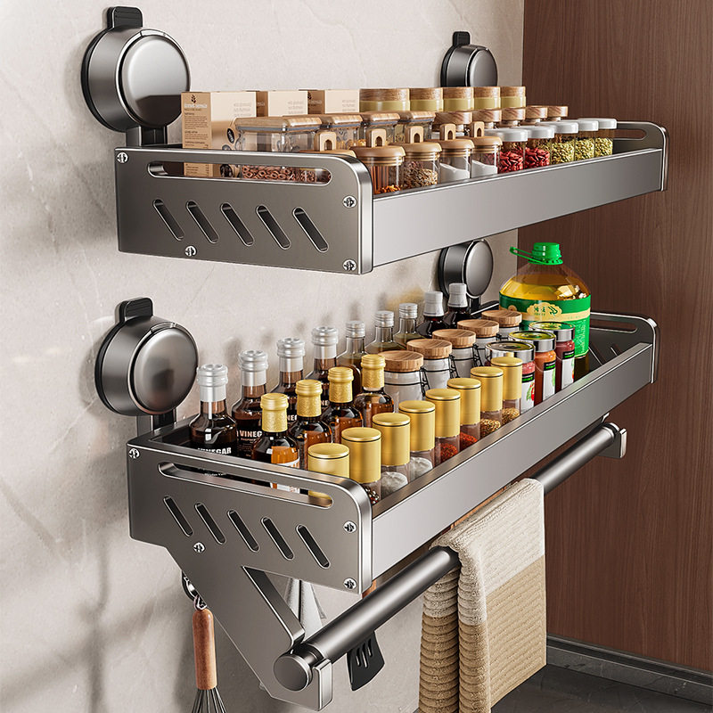 蓝藤吸盘式厨房置物架免打孔太空铝壁挂式多功能家用调料品收纳架,厨房/烹饪用具,抹布架/厨房清洁收纳架,淘宝优惠券,粉丝福利购,淘宝优惠卷