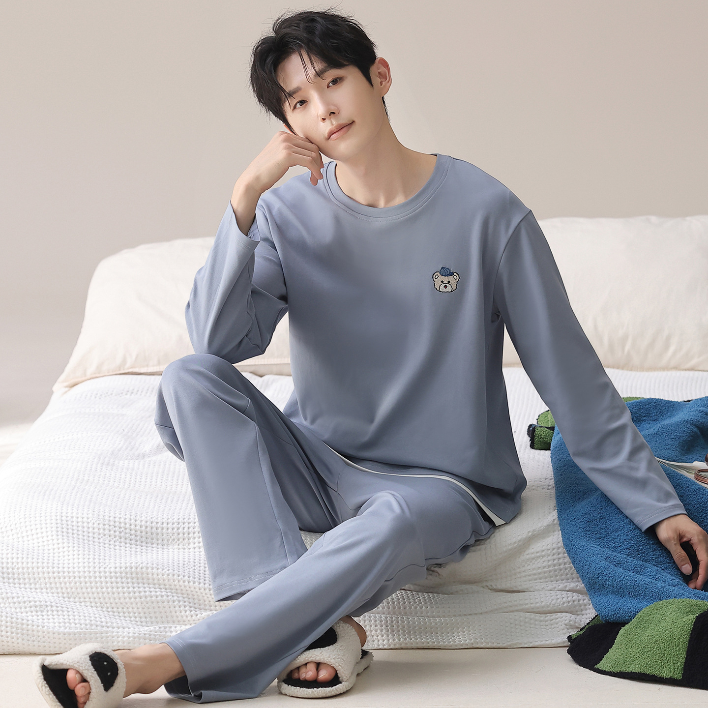 新款睡衣男士纯棉春秋季长袖长裤青年男款透气休闲家居服套装
