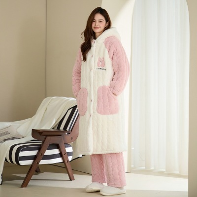 冬季女士三层夹棉睡衣加绒加厚珊瑚绒保暖睡袍睡裤连帽甜美家居服