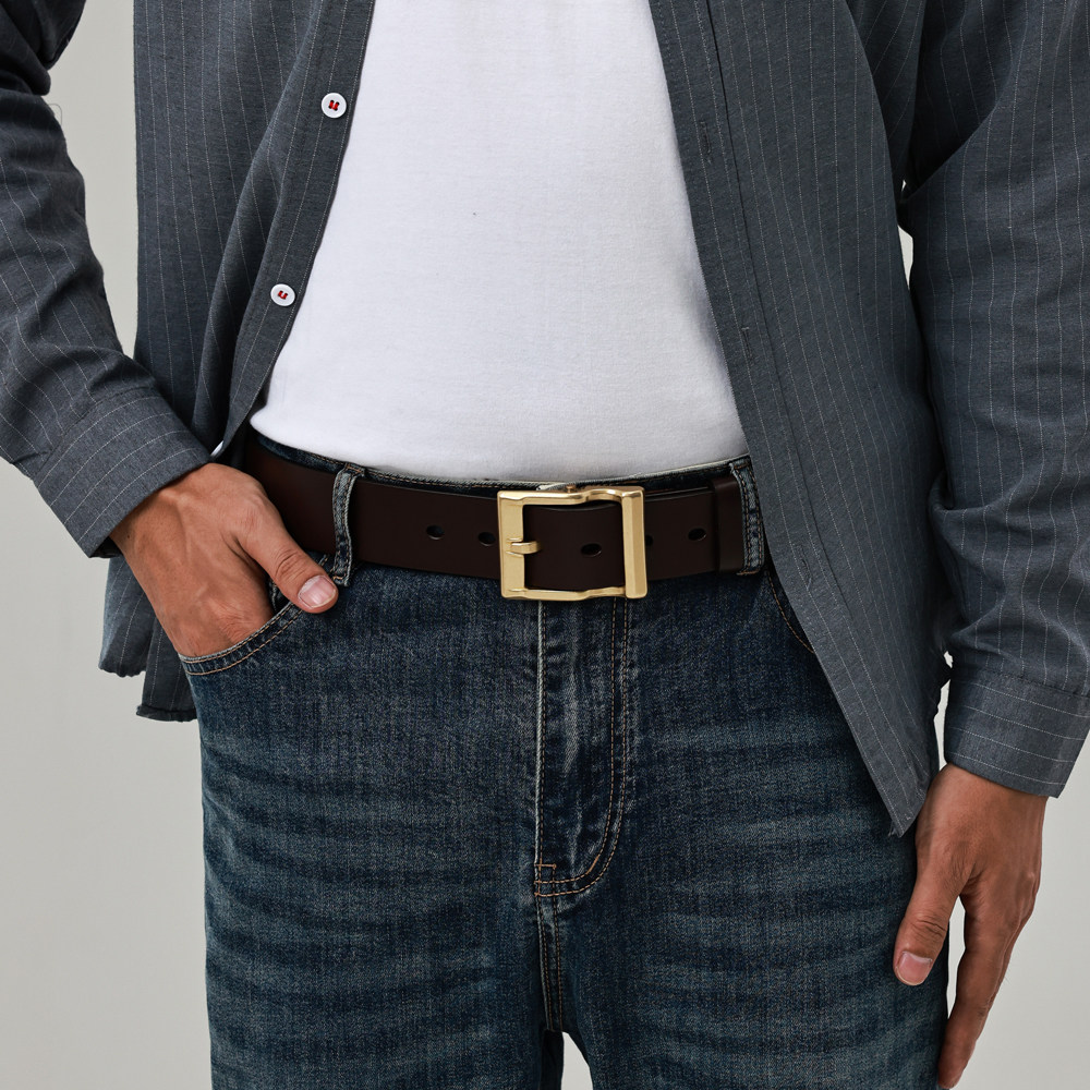 适上5mm加厚4cm加宽一体连接意大利头层牛皮带男真皮铜针扣裤腰带