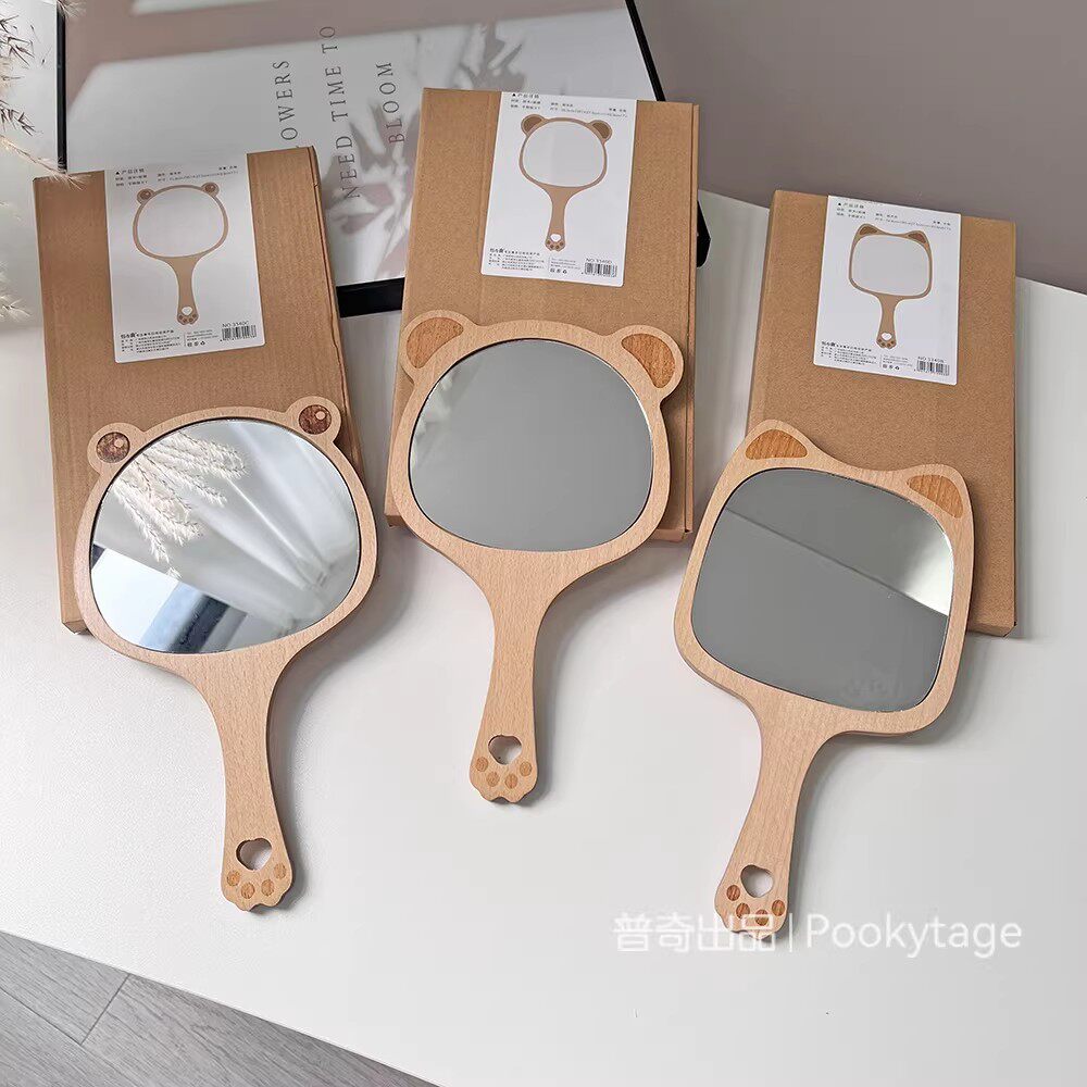 特清！高品质原木！手持式！可爱动物造型化妆镜手拿木质手柄镜子