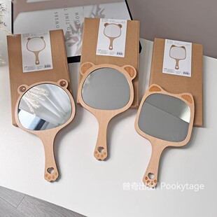 特清！高品质原木！手持式！可爱动物造型化妆镜手拿木质手柄镜子