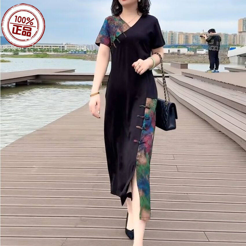 质萍裙减盘品女装拼色领连新宽古衣阿v款正肚款夏复龄松长遮气扣