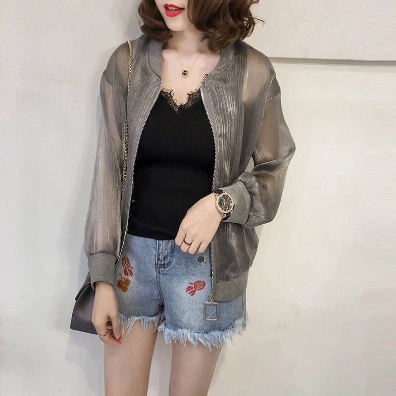 春秋开衫棒球亮丝防晒衣夏季薄款女外套大码小衫短款欧根纱服长袖