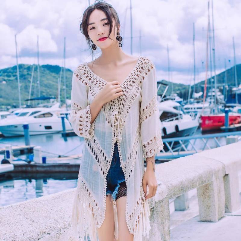 中长款2023罩衫海边度假衣流苏防晒衣蕾丝蕾丝开衫防晒沙滩镂空