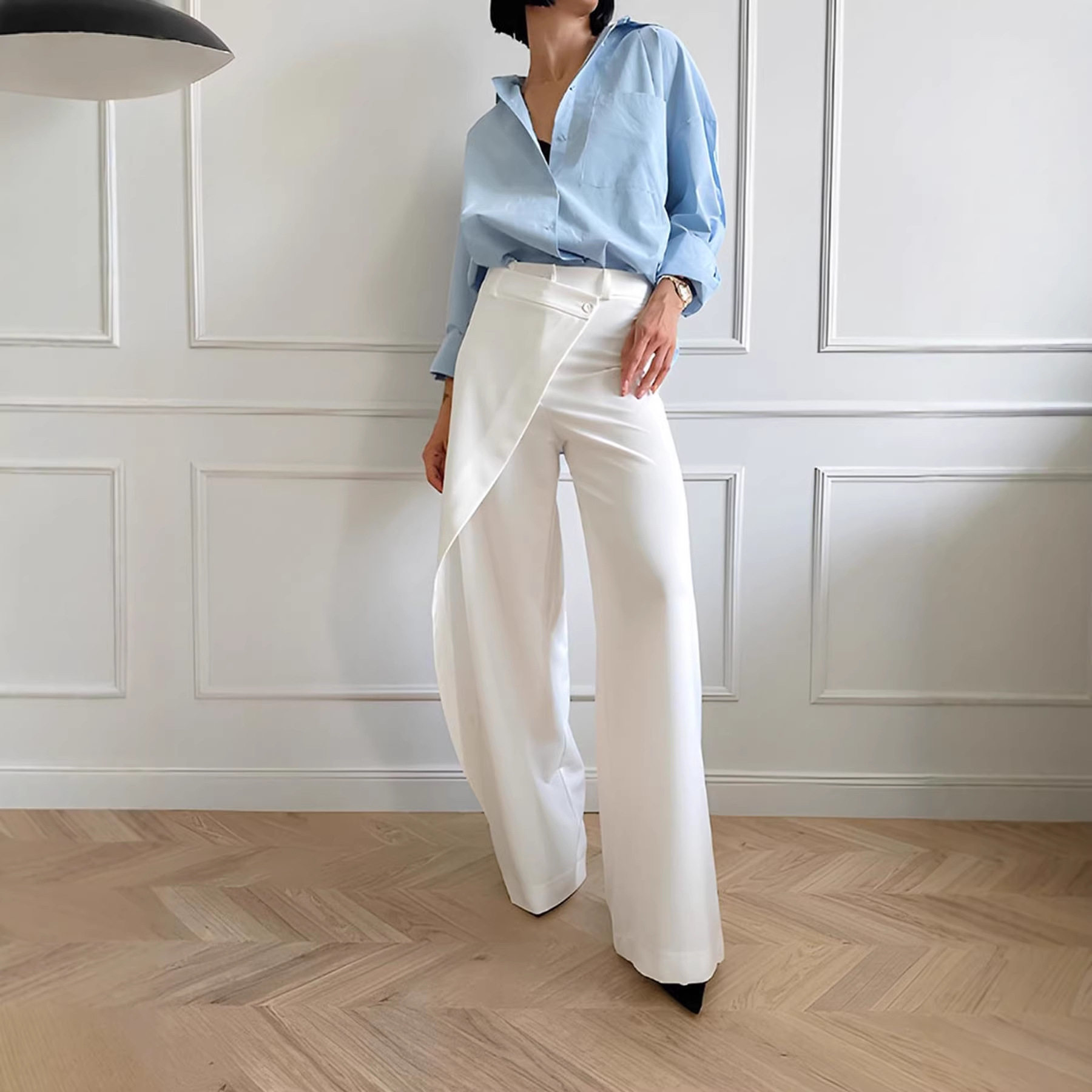 Women Long Trousers High Waist高腰新设计不规则休闲西装直筒裤