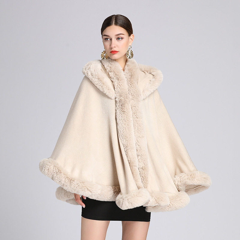 Poncho Women Coat Shawl欧美秋冬新款仿獭兔毛领连帽披肩斗篷女