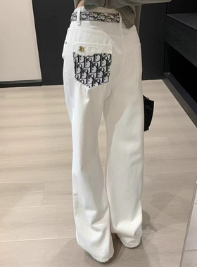 Women Denim Jean Pants White高腰白色直筒牛仔裤女阔腿拖地裤