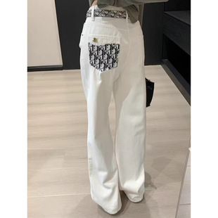 Women Denim Jean Pants White高腰白色直筒牛仔裤女阔腿拖地裤