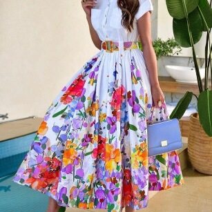 欧美衬衣领大摆定位花印花短袖扣子连衣裙带Floral Women Dresses