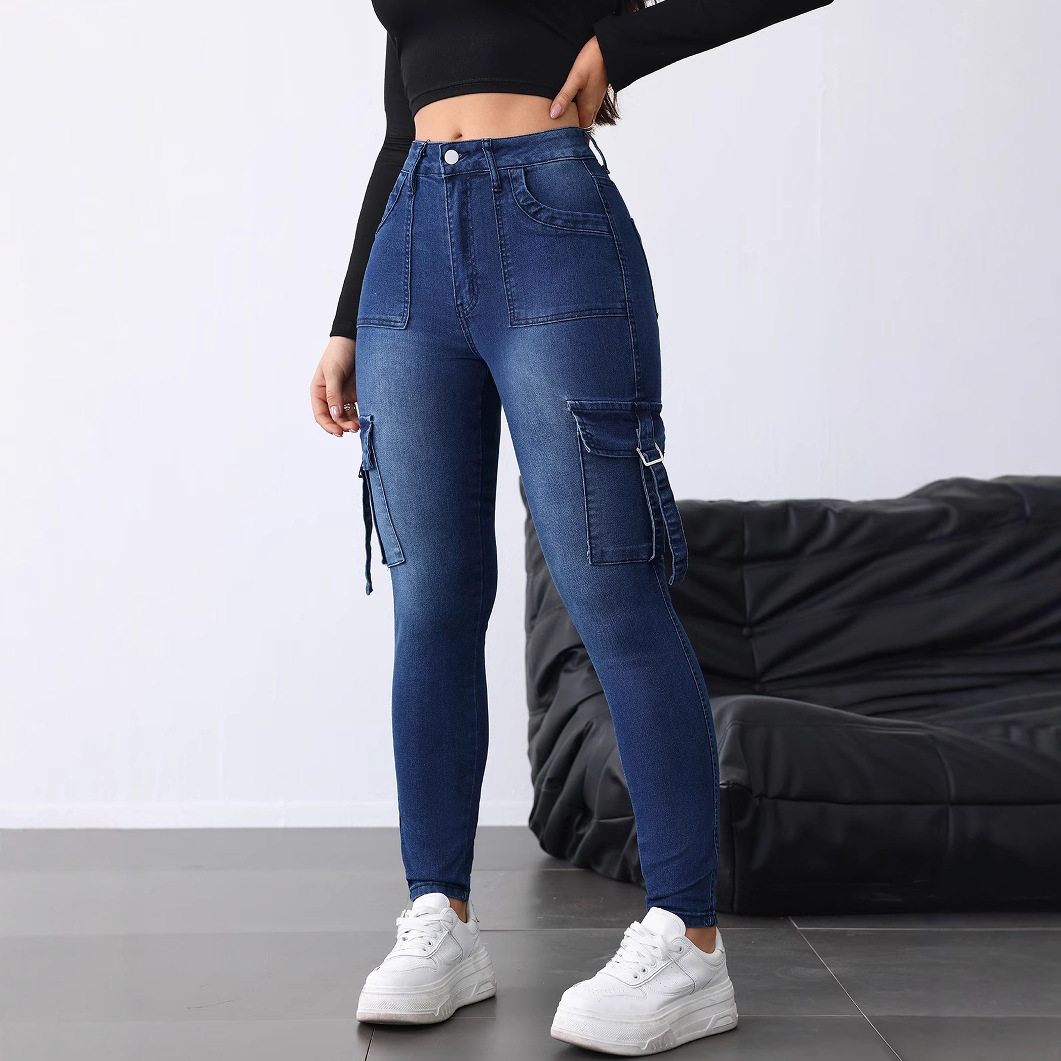 Women Denim Jean Pants Long Trouser欧美紧身牛仔裤翻盖女工装