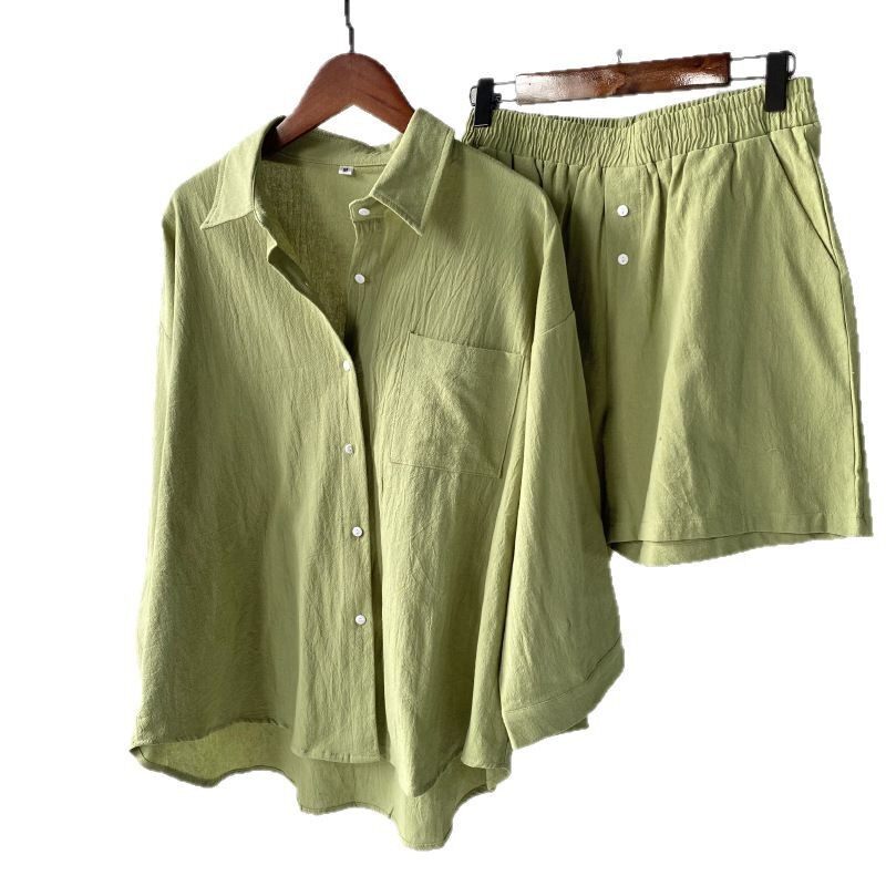 Women Clothes Set Shirt+Short Pant女士2件套复古大码衬衫短裤