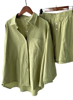 Women Clothes Set Shirt+Short Pant女士2件套复古大码衬衫短裤