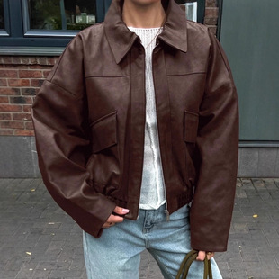 Women Jacket Outwear Coat棕色皮衣女通勤皮夹克外套设计感女装