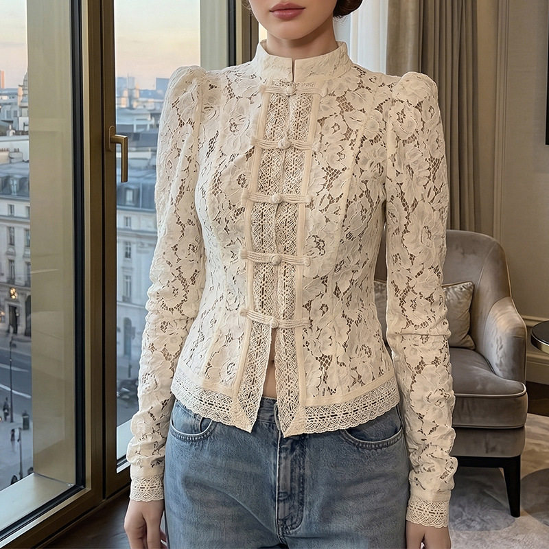 Women Shirts夏季欧美时尚气质通勤蕾丝钩花立领修身设计感衬衣女