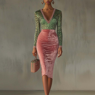 Women Dresses High Waist金丝绒拼接弹力修身包臀高腰连衣裙女