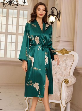 夏季透气薄款印花睡袍Women Silk Bathrobe Sleepwear Nightgown