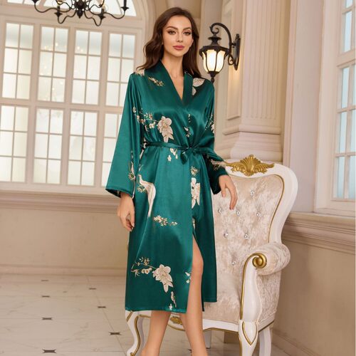 夏季透气薄款印花睡袍Women Silk Bathrobe Sleepwear Nightgown