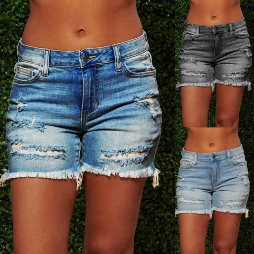 Women Ripped Denim Short Jean Pant破洞流苏女士高弹力牛仔短裤