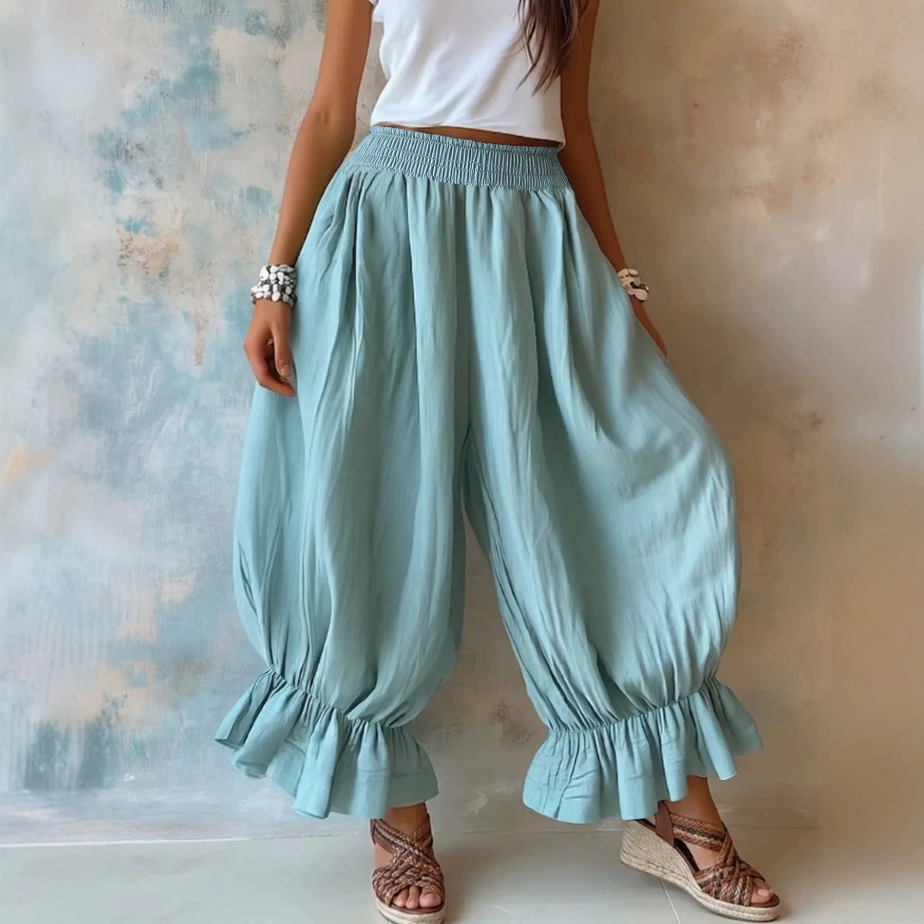 Women Long Cotton Linen Pants夏欧美宽松休闲棉麻荷叶边灯笼裤
