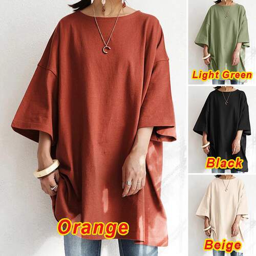 Women Shirt T Shirt衬衣日式清新甜美棉麻套头圆领宽松型女式T恤