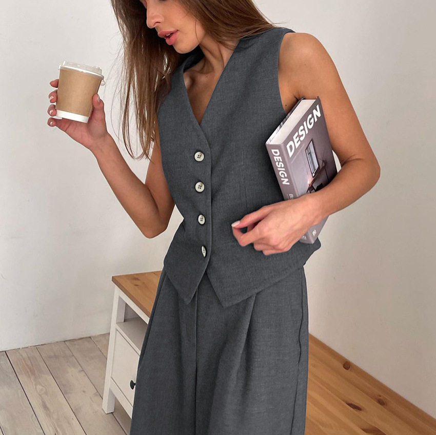 Suit Vest Top Pants极简风两件套欧美通勤无袖V领马甲西装长裤女