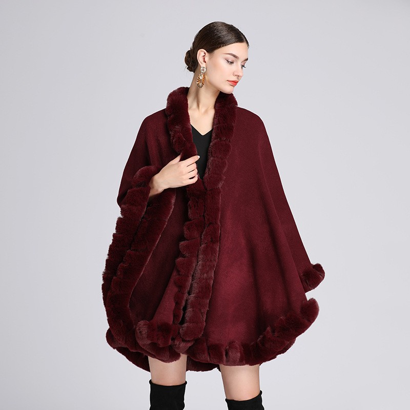 Autumn Winter Poncho Coat Outwear毛领披肩斗篷女欧美外套针织
