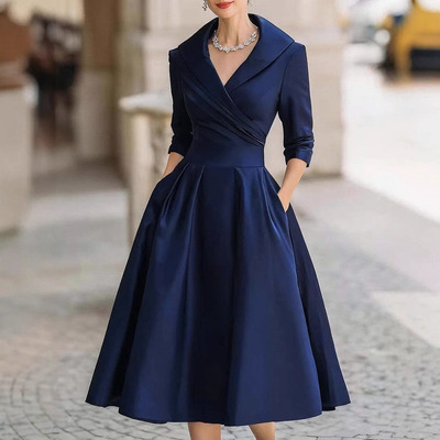 Women Elegant Dresses欧美女装正式收腰连衣裙显瘦优雅长袖长裙
