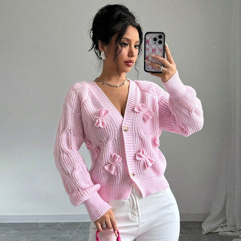 Women Cardigan Coat欧美秋冬毛衣纯色蝴蝶结针织开衫外套上衣女