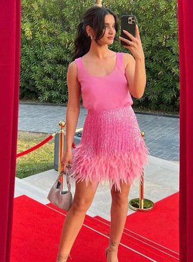 Sexy Women Dresses Elegant晚宴气质套装两件套性感短裙羽毛短裙