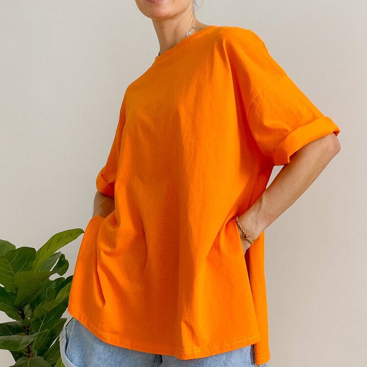 Women T-Shirt Tees Top Cotton宽松开叉纯棉短袖T恤女圆领纯色t图片