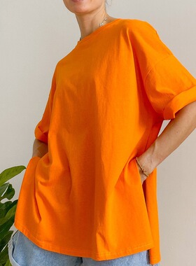 Women T-Shirt Tees Top Cotton宽松开叉纯棉短袖T恤女圆领纯色t