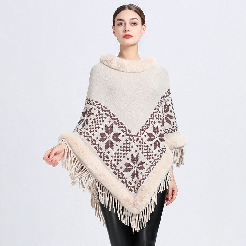 Poncho Knitwear欧美仿獭兔毛领披肩斗篷女流苏针织套头毛衣外套