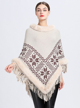 Poncho Knitwear欧美仿獭兔毛领披肩斗篷女流苏针织套头毛衣外套