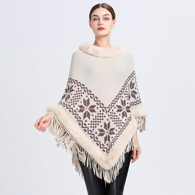 Poncho Knitwear欧美仿獭兔毛领披肩斗篷女流苏针织套头毛衣外套