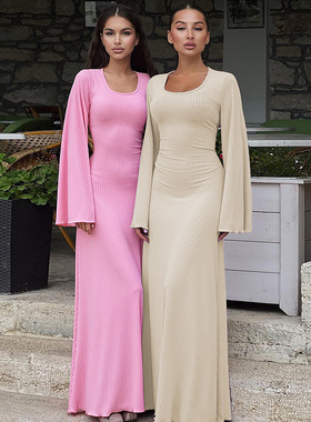 Women Dresses Summer Loose Long Dress时尚宽松系带长袖连衣裙