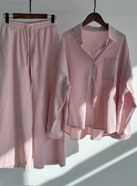 S-5XL Women Sets Shirts Pants复古加大码 棉麻衬衫套装宽松长裤