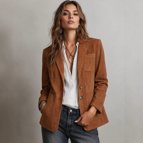 Women Jacket Coat欧美复古宽松气质通勤翻领长袖小西装夹克外套