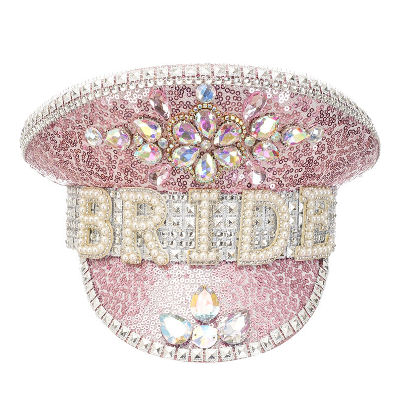 派对水钻新娘帽白色亮片大沿帽字母bride派对帽节日大盖帽Hat Cap