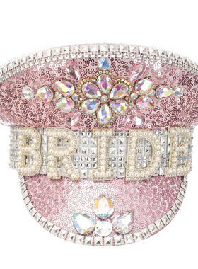 派对水钻新娘帽白色亮片大沿帽字母bride派对帽节日大盖帽Hat Cap