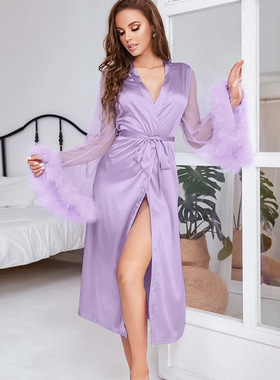 Women Pajama Nightgown Sexy Nightdress网纱紫色睡袍女士家居服