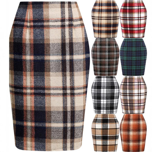 Women Autumn Winter Skirts铅笔裙格子裙秋冬高腰紧身半身中长裙