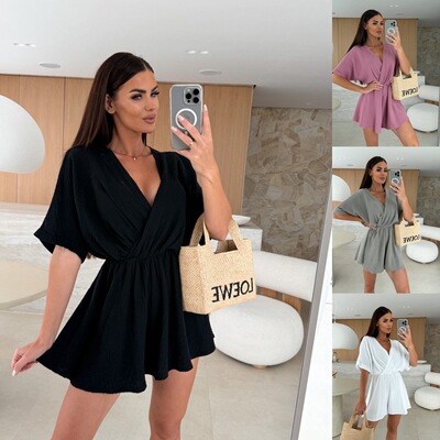 Women Short Jumpsuit Summer Pants时尚收腰纯色短裤连体裤女